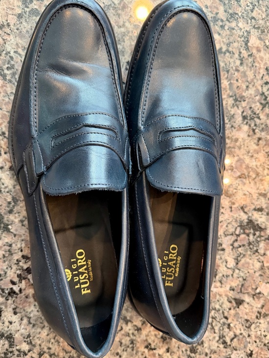 Luigi Fusaro Navy Blue Leather Penny Loafers